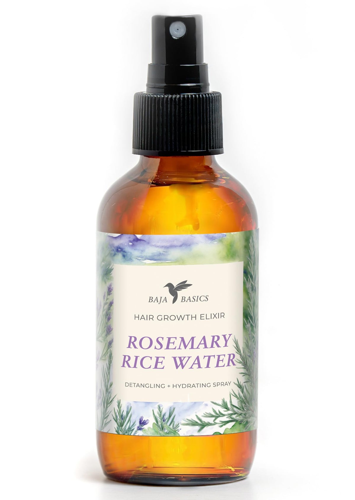 Baja Basics rosemary rice water spray bottle for daily scalp care and hair strengthening.