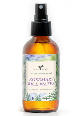 Baja Basics rosemary rice water spray bottle for daily scalp care and hair strengthening.