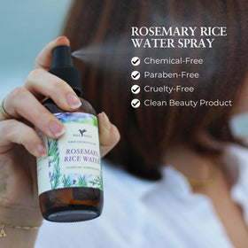 Baja Basics rosemary rice water spray mist on scalp supports hydration and gradual growth-friendly styling.