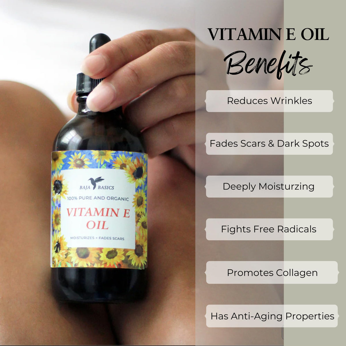 Baja Basics Vitamin E Oil used on hair ends for softness