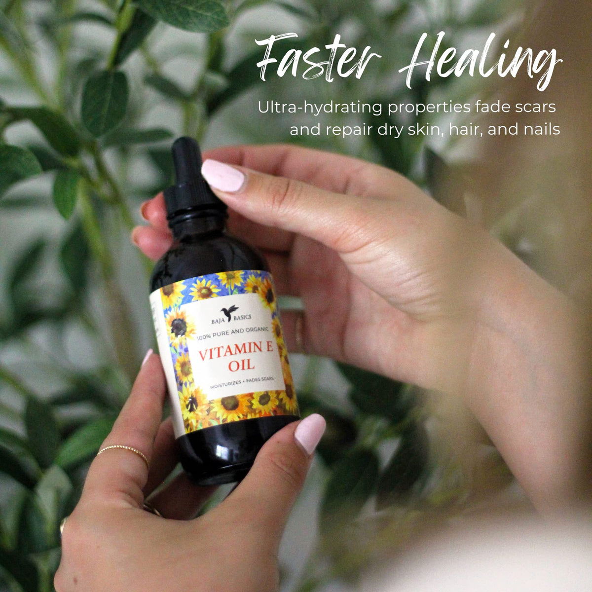 Baja Basics Vitamin E Oil label closeup highlights pure, vegan formulation