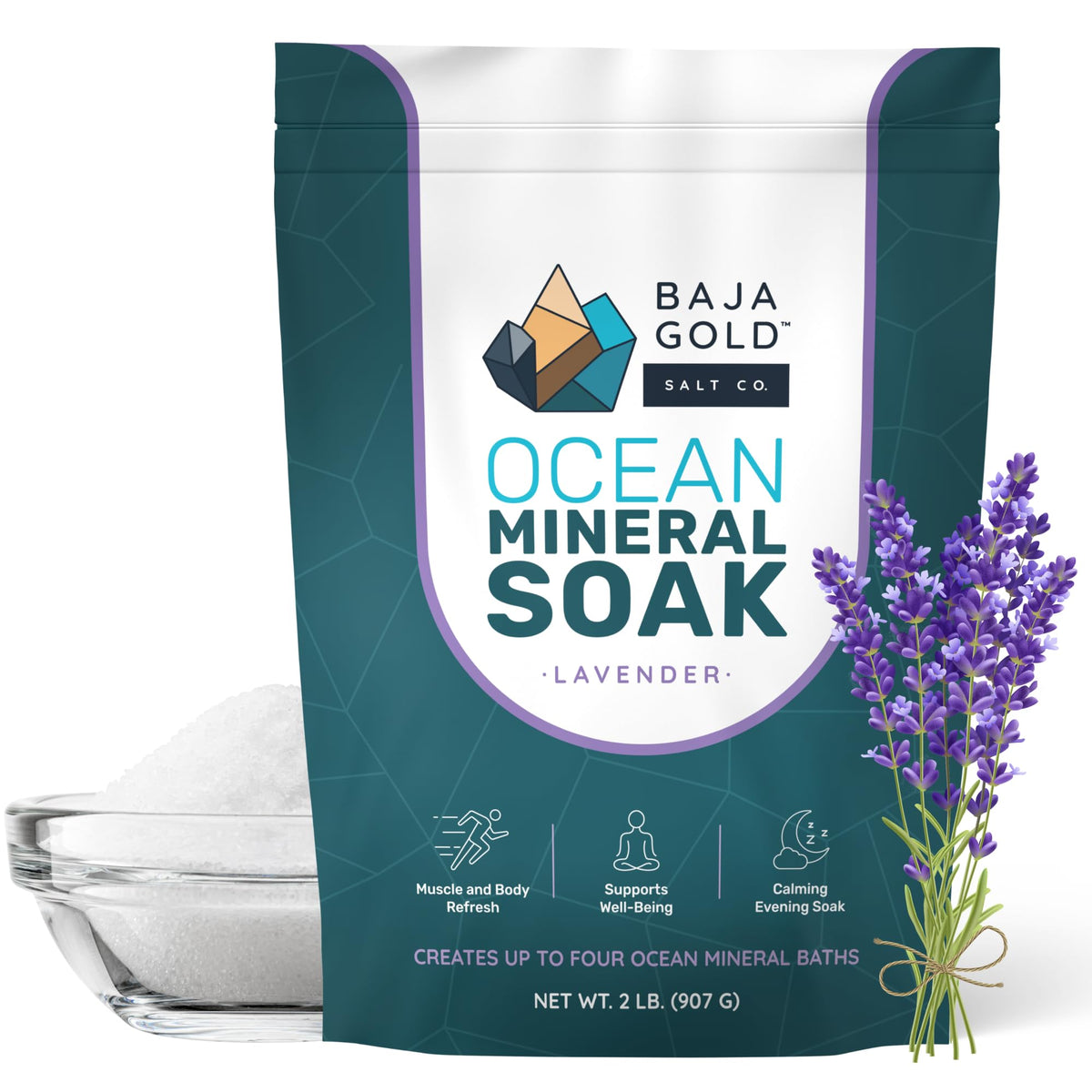 Baja Gold Ocean Mineral Soak bottle pouring for a calming bath