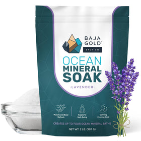 Baja Gold Ocean Mineral Soak bottle pouring for a calming bath