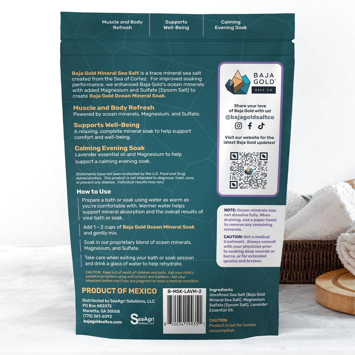 Close-up of a relaxing bath ritual with Baja Gold Ocean Mineral Soak