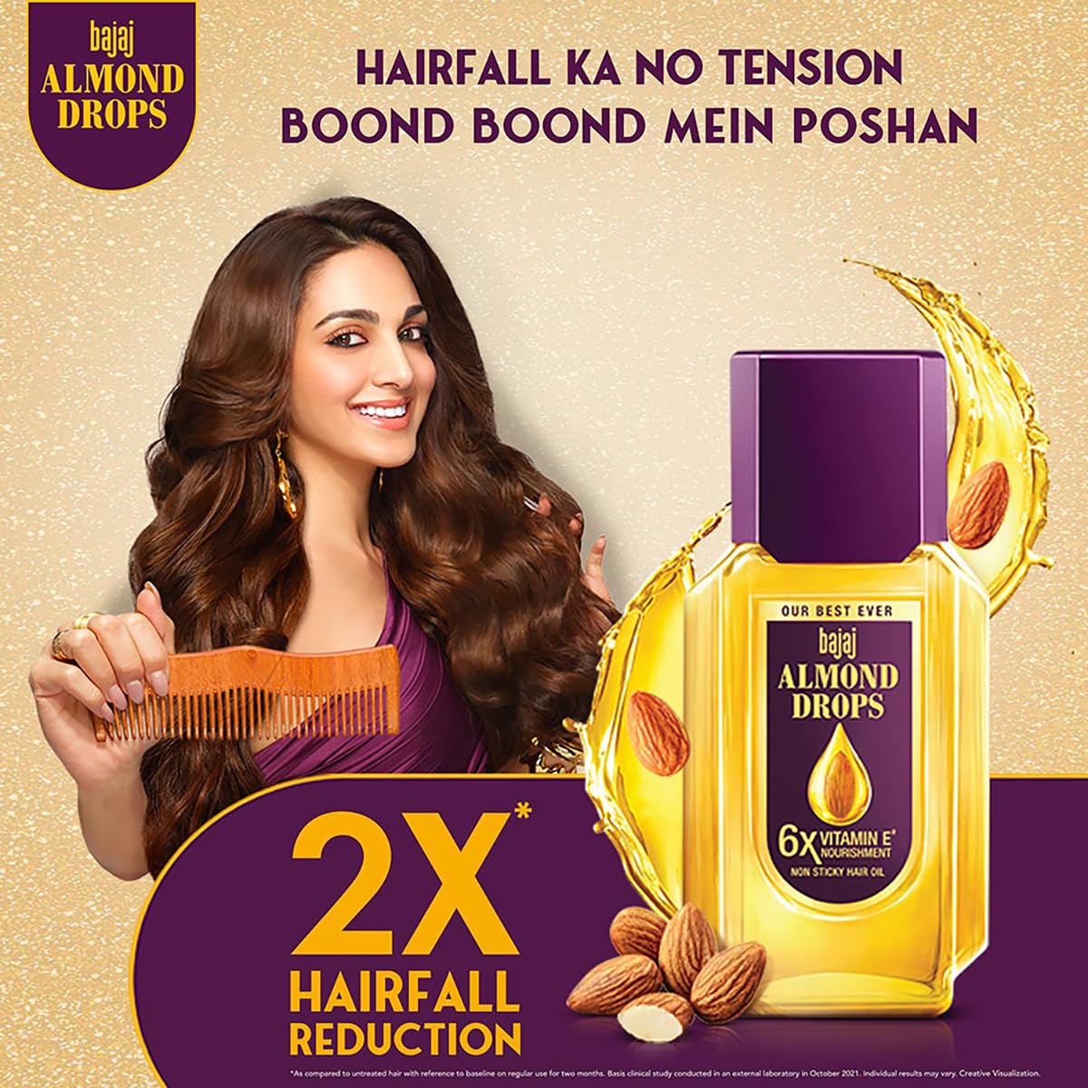 Bajaj Almond Drops bottle showing almond extract close-up for nourishment