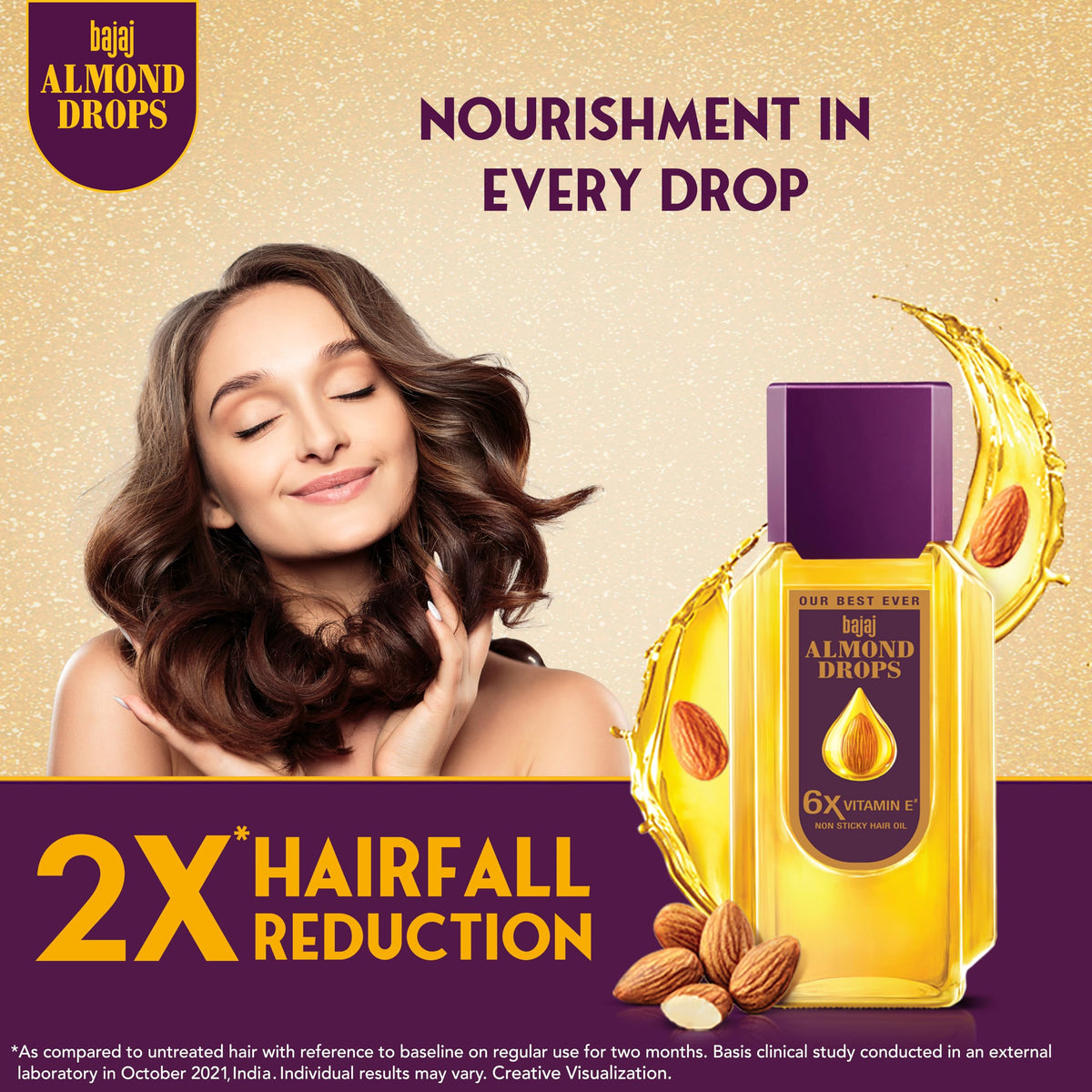 Bajaj Almond Drops with 6x Vitamin E protects strands and adds resilience.
