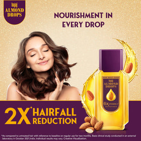 Bajaj Almond Drops with 6x Vitamin E protects strands and adds resilience.