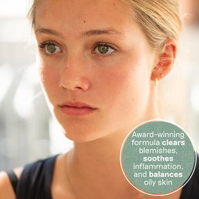 Balance Me kanuka oil action image emphasizing acne-fighting botanicals