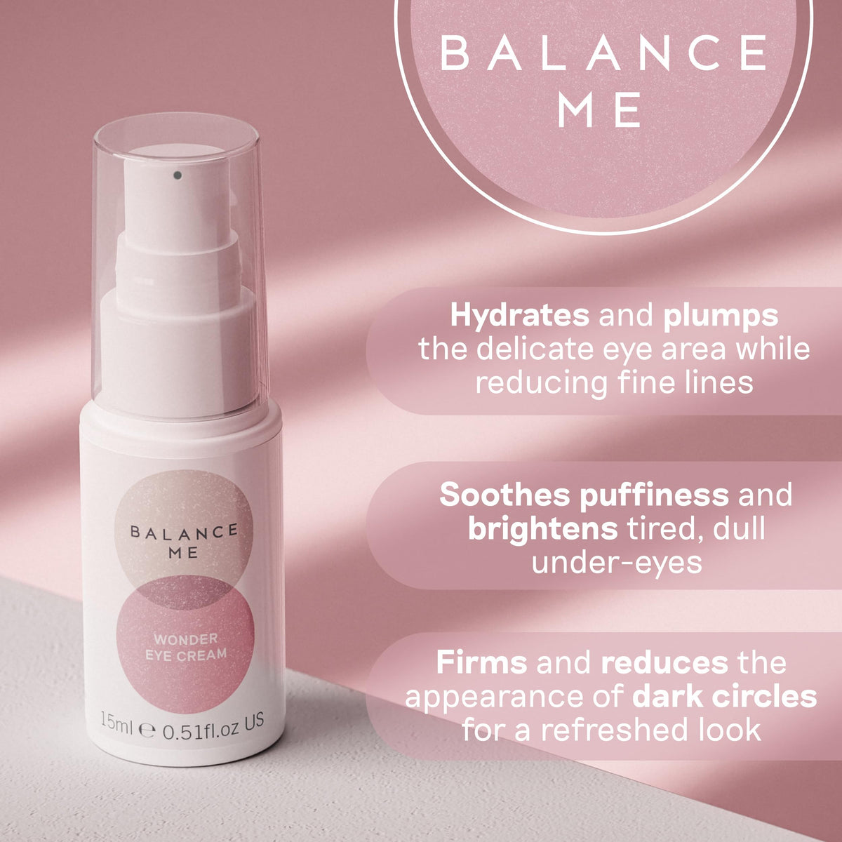 Balance Me Wonder Eye Cream label close-up highlights natural formula