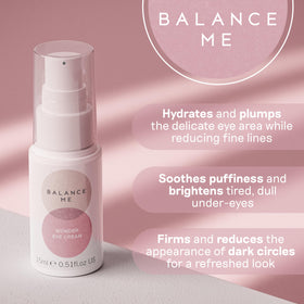 Balance Me Wonder Eye Cream label close-up highlights natural formula
