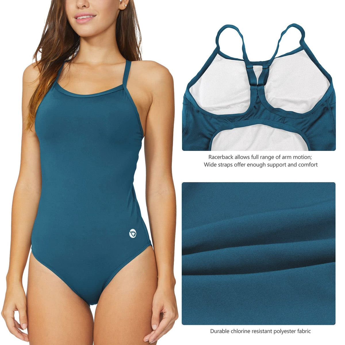 baleaf steel blue swimsuit with keyhole back and moderate leg cut.