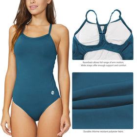 baleaf steel blue swimsuit with keyhole back and moderate leg cut.