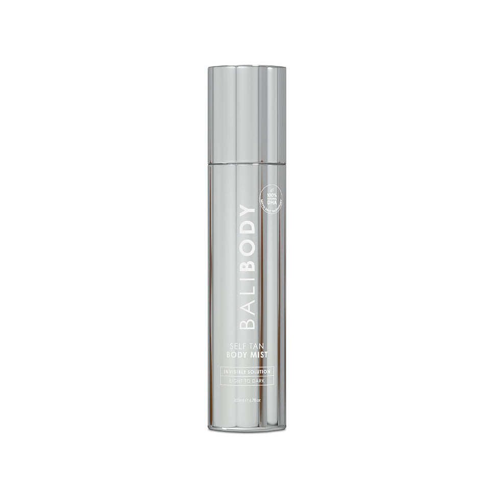 Bali Body Self Tan bottle with 360° mist for even, natural coverage.