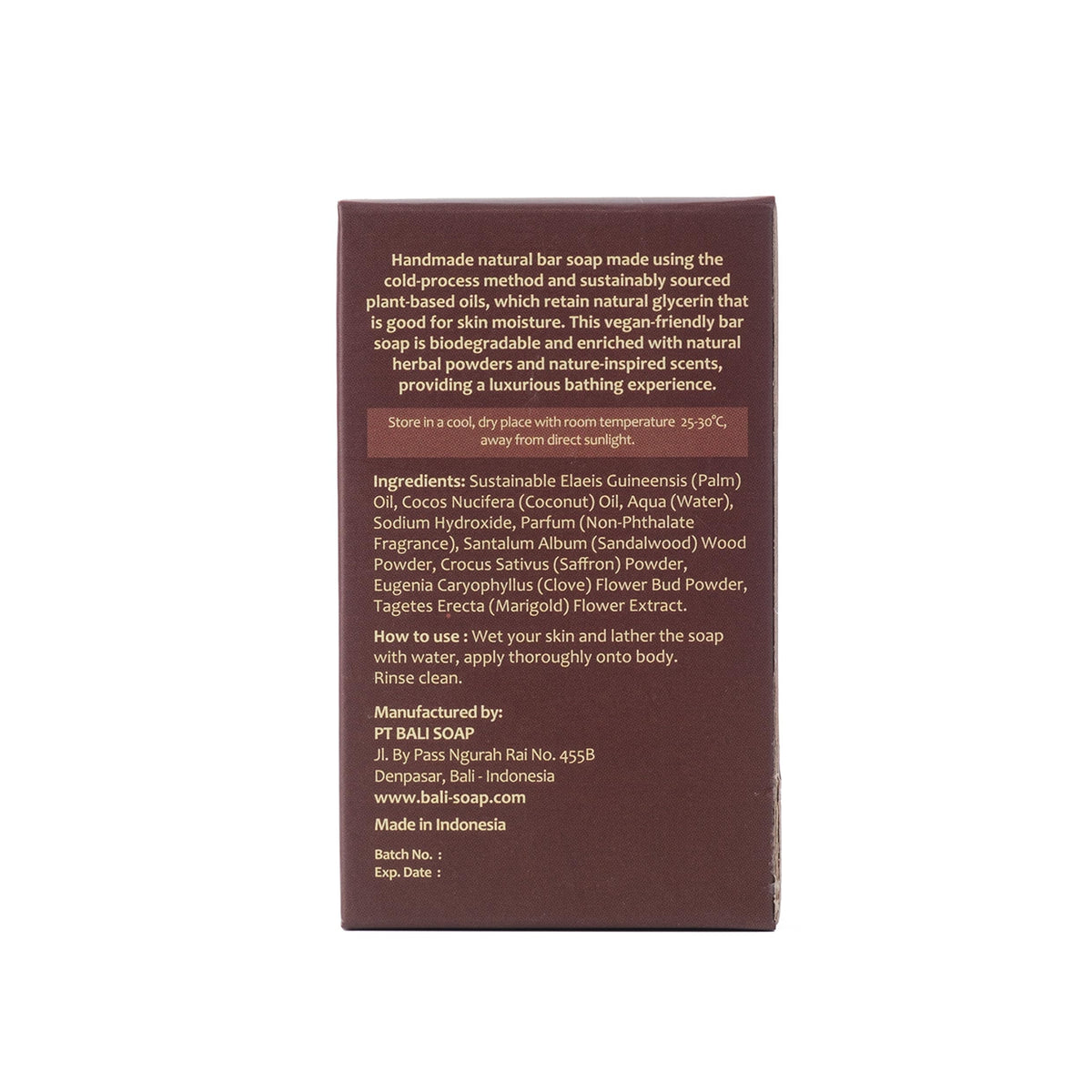 Bali Soap sandalwood bar features calming aroma from botanicals.