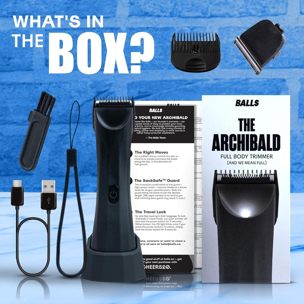 BALLS Archibald Trimmer used on body hair for clean grooming results