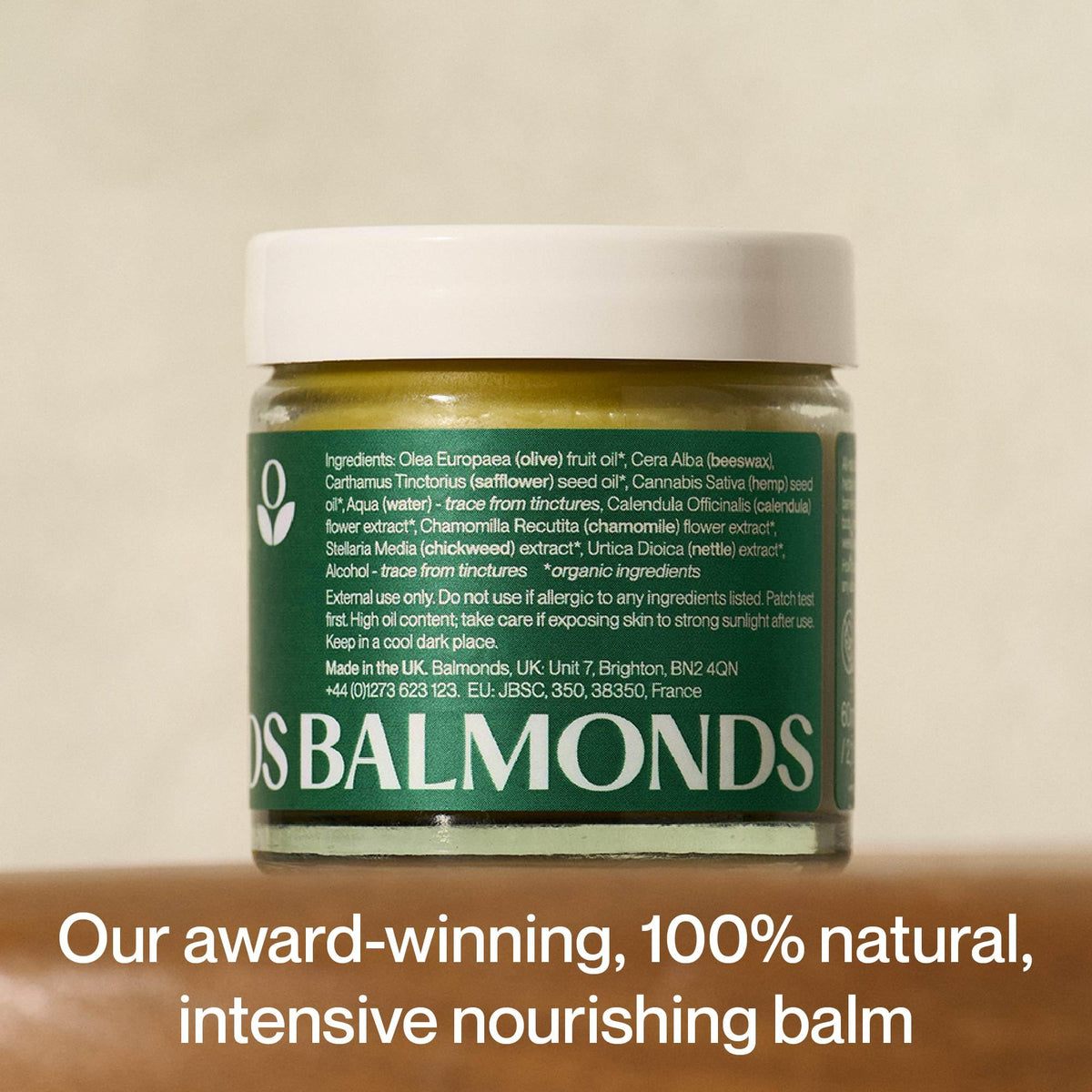 Hemp seed oil bottle emphasizes omega‑rich nourishment in Balmonds Skin Salvation.