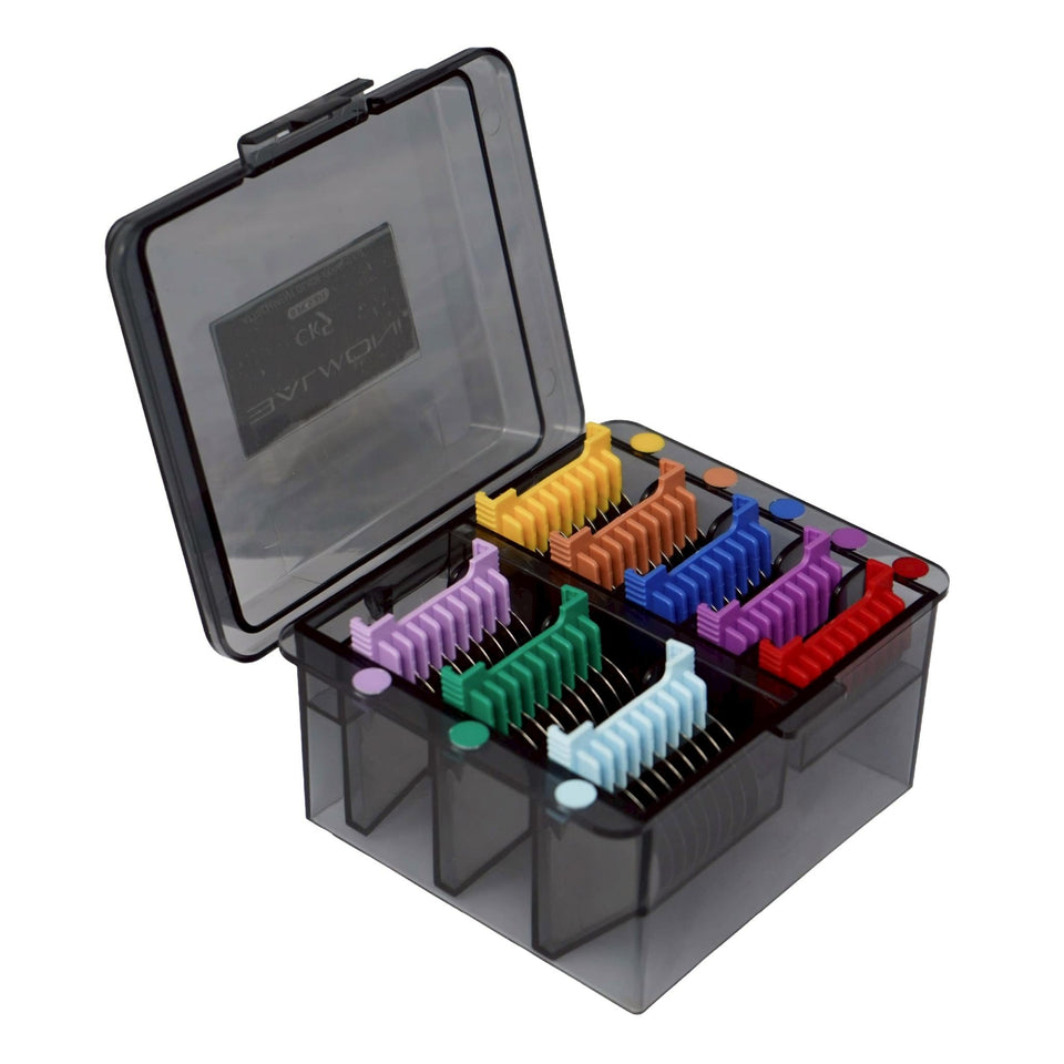 BALMONI 5-in-1 guide comb assembly enables precise pet trims with Wahl blades.