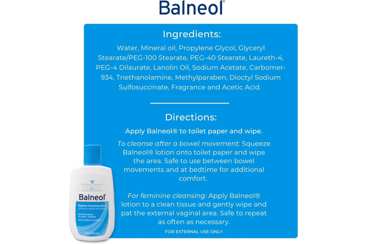 Balneol Hygienic Cleansing Lotion 3-oz packaging highlights travel-ready size for on-the-go hygiene.