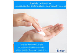 Balneol Hygienic Cleansing Lotion hand holding demonstrates easy application and gentle cleansing.