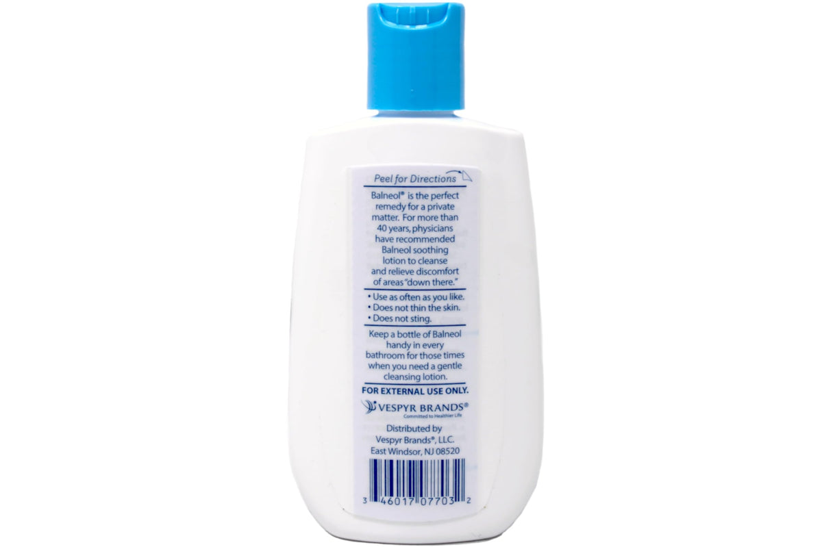 Balneol Hygienic Cleansing Lotion label closeup signals skin-friendly cleansing for daily routines.