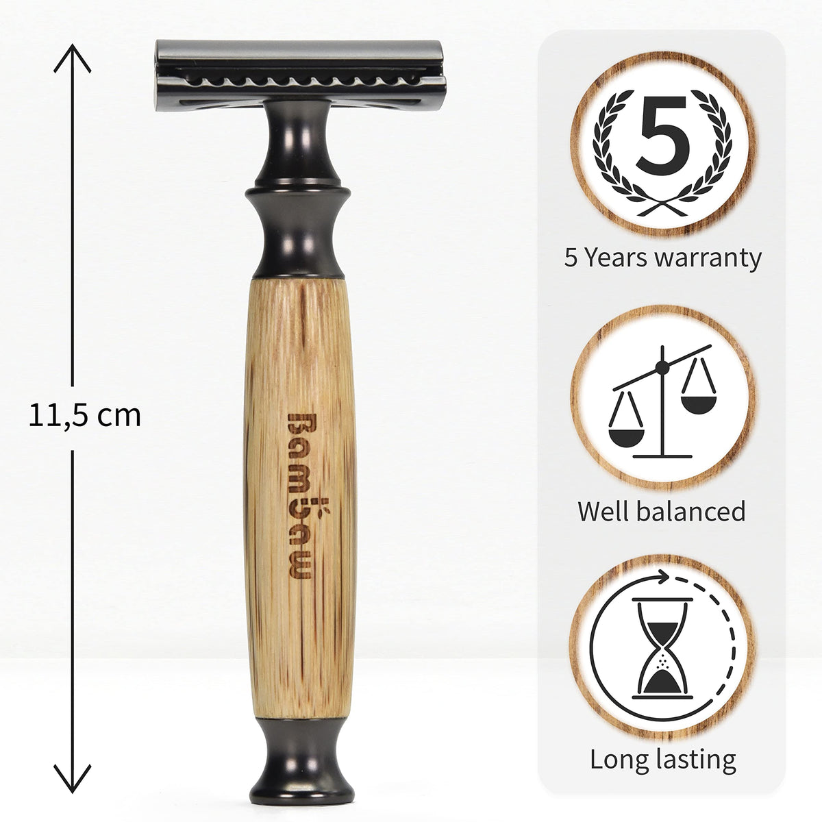 Bambaw double-edge razor assembly highlights sturdy stainless steel components and bamboo handle