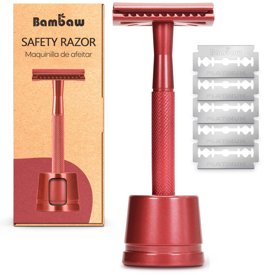 Bambaw double-edge razor with stand for a stable shaving setup.