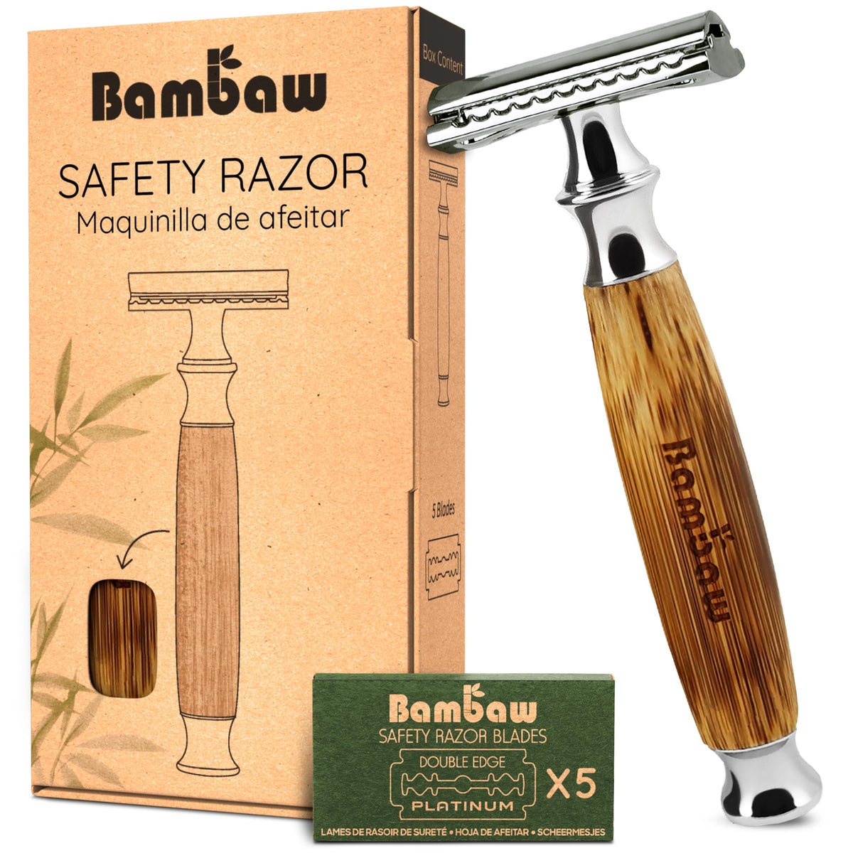 Bambaw double edge safety razor with bamboo handle close-up for a smooth shave