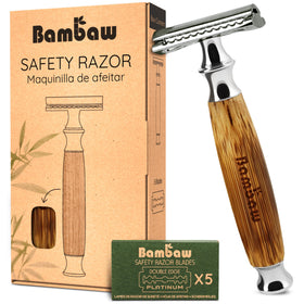 Bambaw double edge safety razor with bamboo handle close-up for a smooth shave