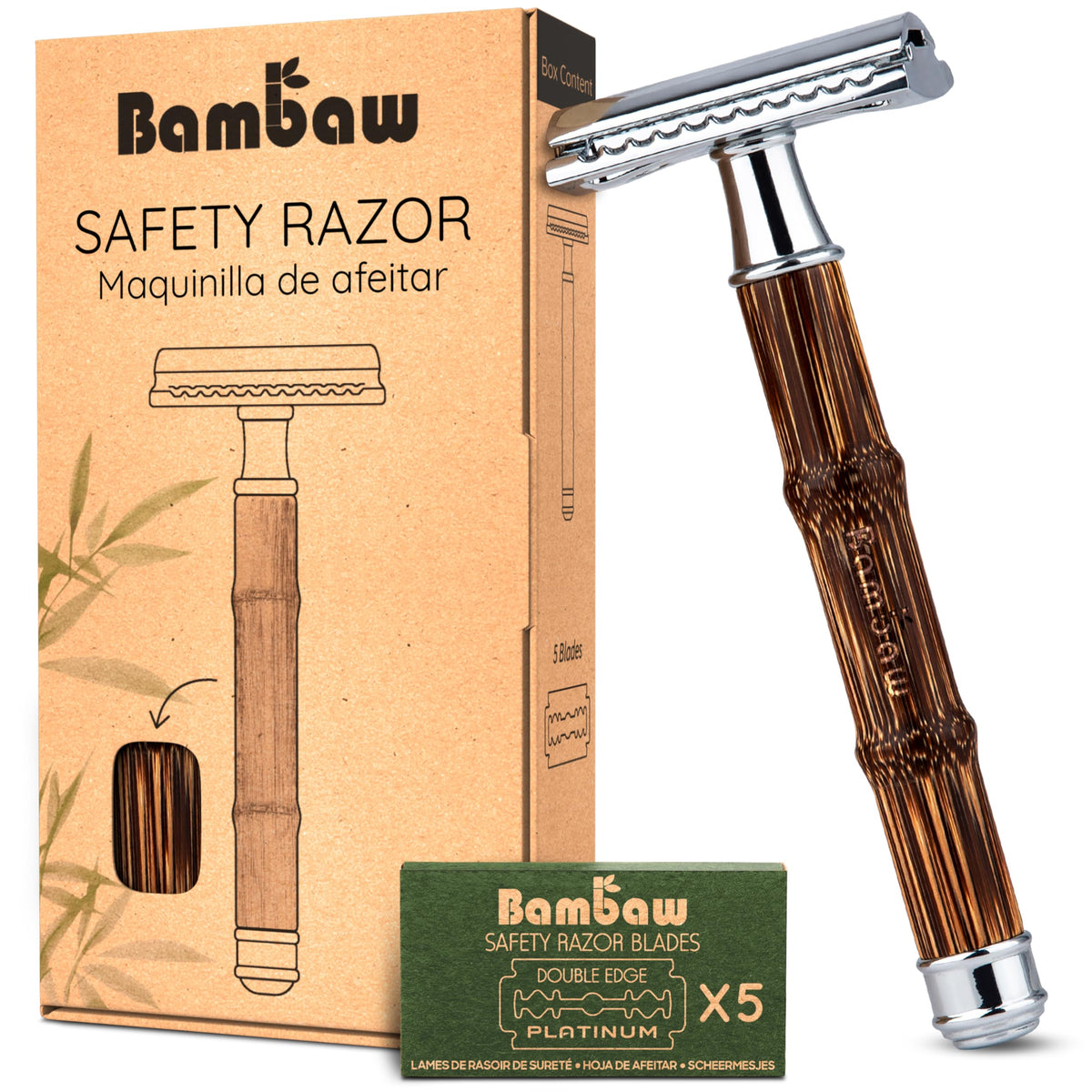 Bambaw double edge razor with bamboo handle close-up showing grip and texture for a smooth shave