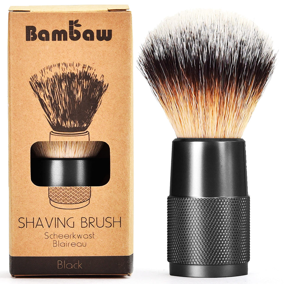 Bambaw synthetic shaving brush with black handle delivers a smooth, protective lather.