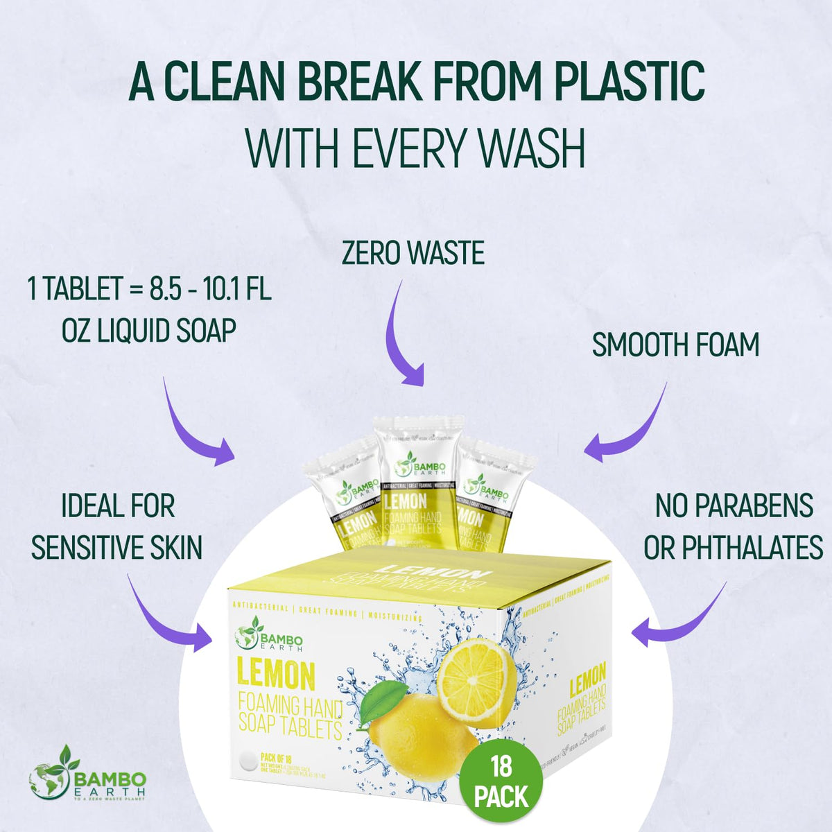 BAMBOEARTH tablet dissolves in a refill bottle to create foaming hand soap.