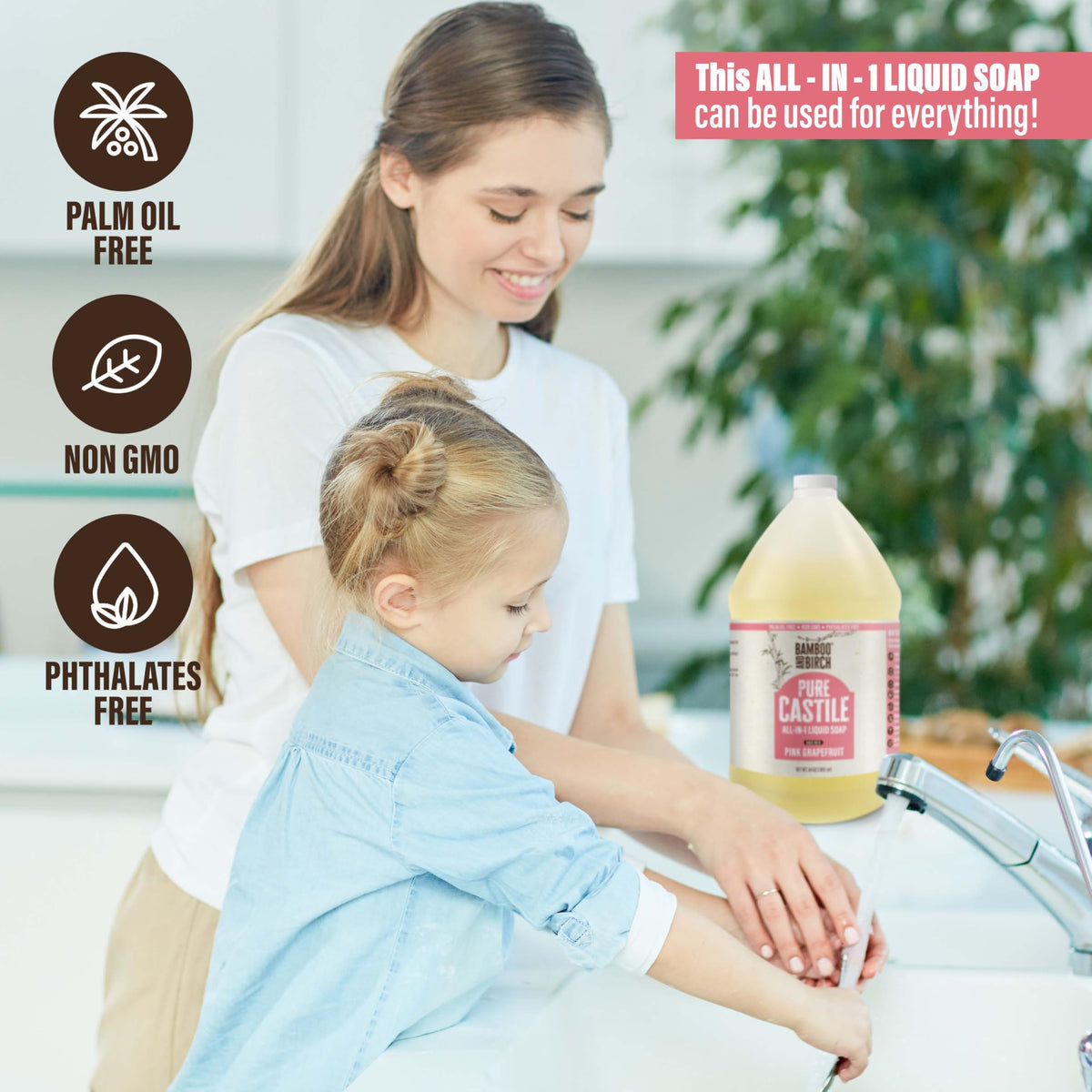 Bamboo and Birch Castile Soap Liquid foam—rich lather for shower and hand washing.