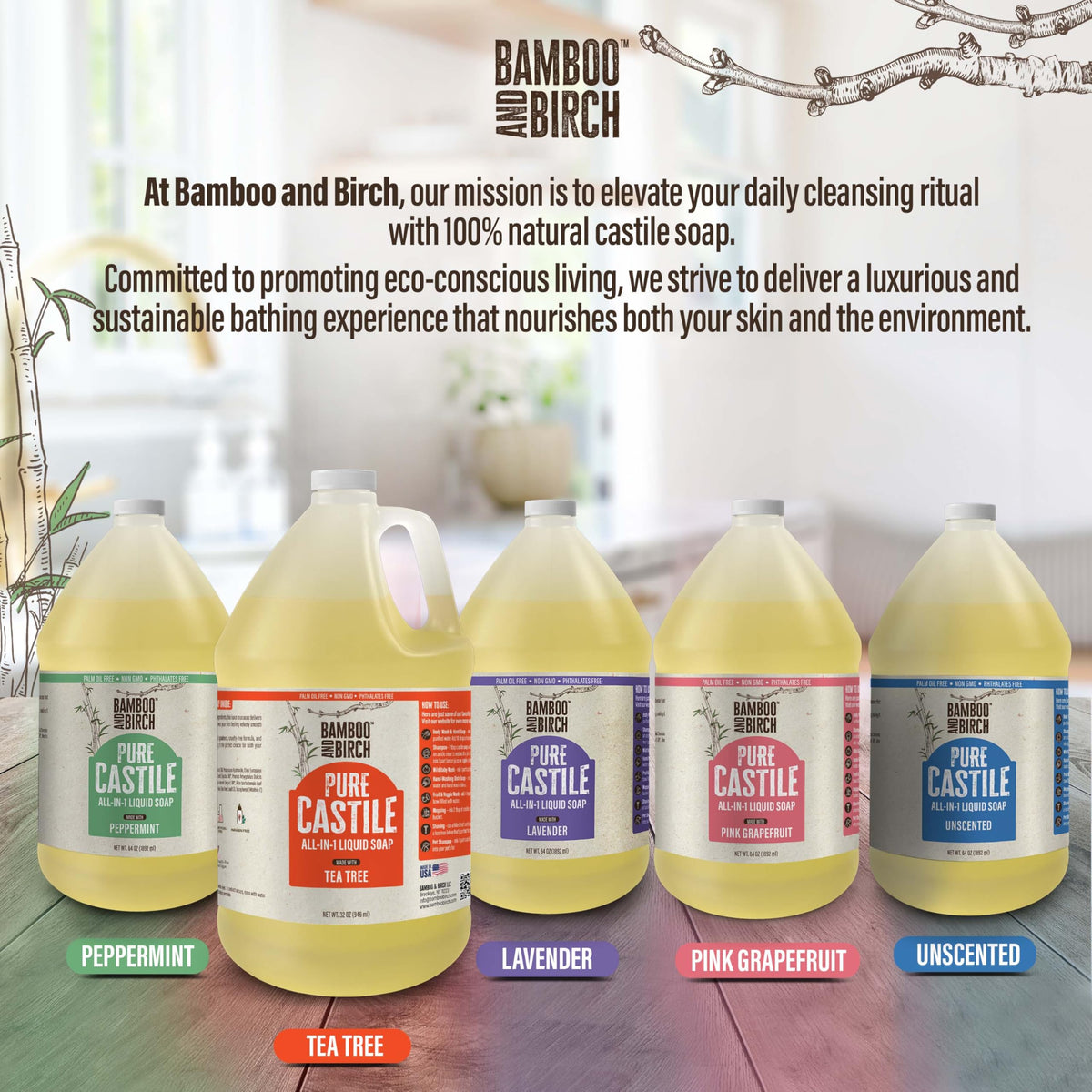 Bamboo and Birch castile liquid bottle supports multi-use cleaning tasks.
