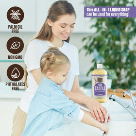 Bamboo and Birch Pure Castile Liquid eco packaging emphasizes recyclable bottle and palm-oil-free commitment.