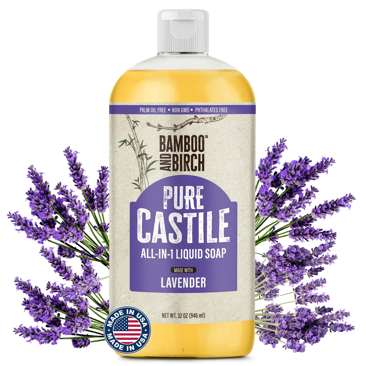 Bamboo and Birch Pure Castile Liquid Lavender bottle pour shows versatile cleansing for daily use.