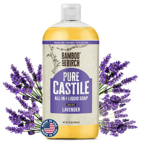 Bamboo and Birch Pure Castile Liquid Lavender bottle pour shows versatile cleansing for daily use.
