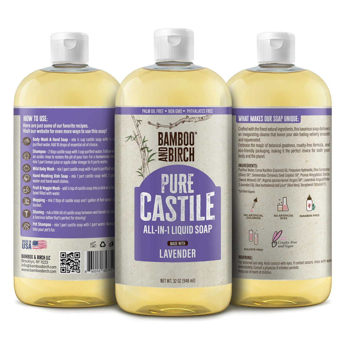 Bamboo and Birch Pure Castile Liquid Lavender hand wash creates rich foam for gentle cleansing.