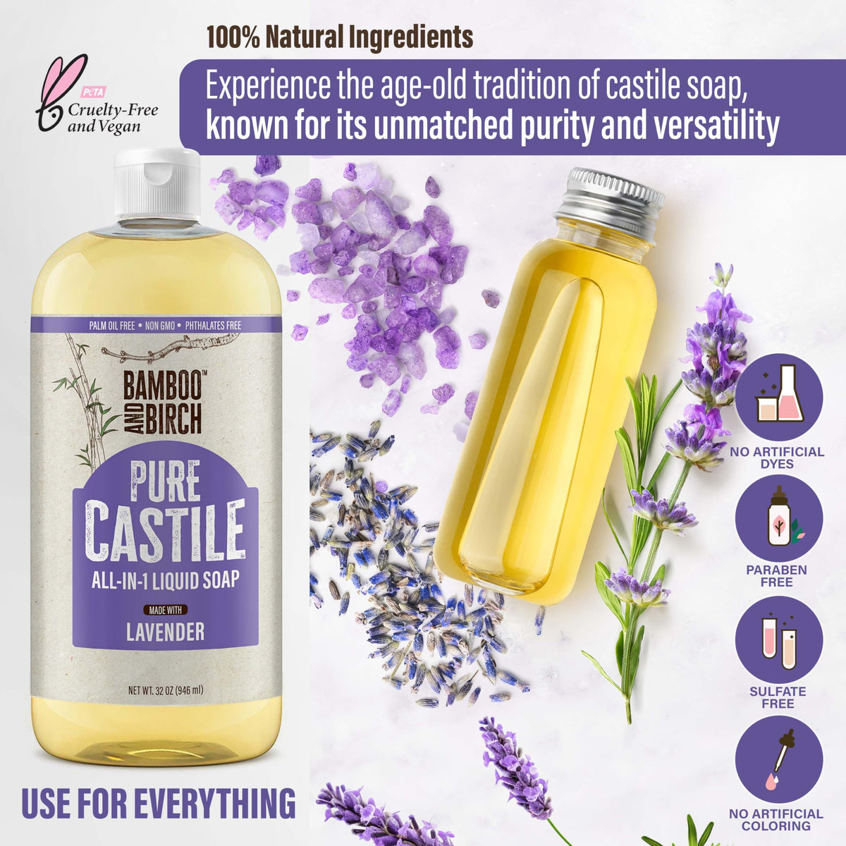 Bamboo and Birch Pure Castile Liquid multi-use cleaner for body, dishes, and home care.