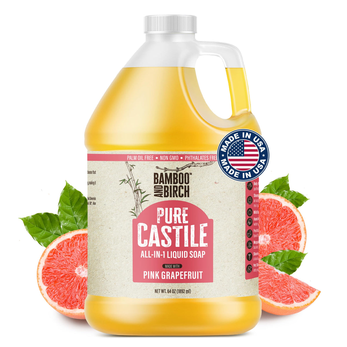Bamboo and Birch Pure Castile Soap Liquid bottle—gentle, versatile cleanser for skin and household uses.