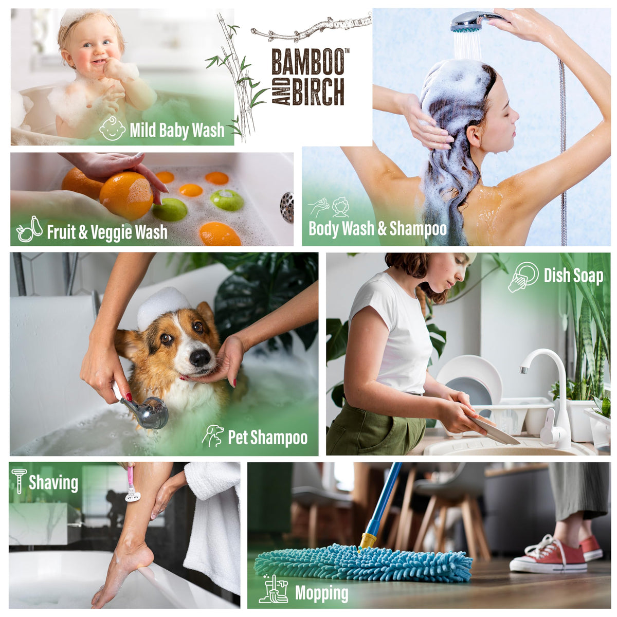Bamboo and Birch Pure Castile Soap Liquid foaming pump for simple cleansing.