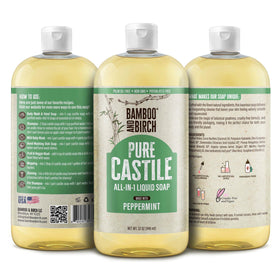 Bamboo and Birch Pure Castile Soap Liquid ingredients label highlights natural formula.