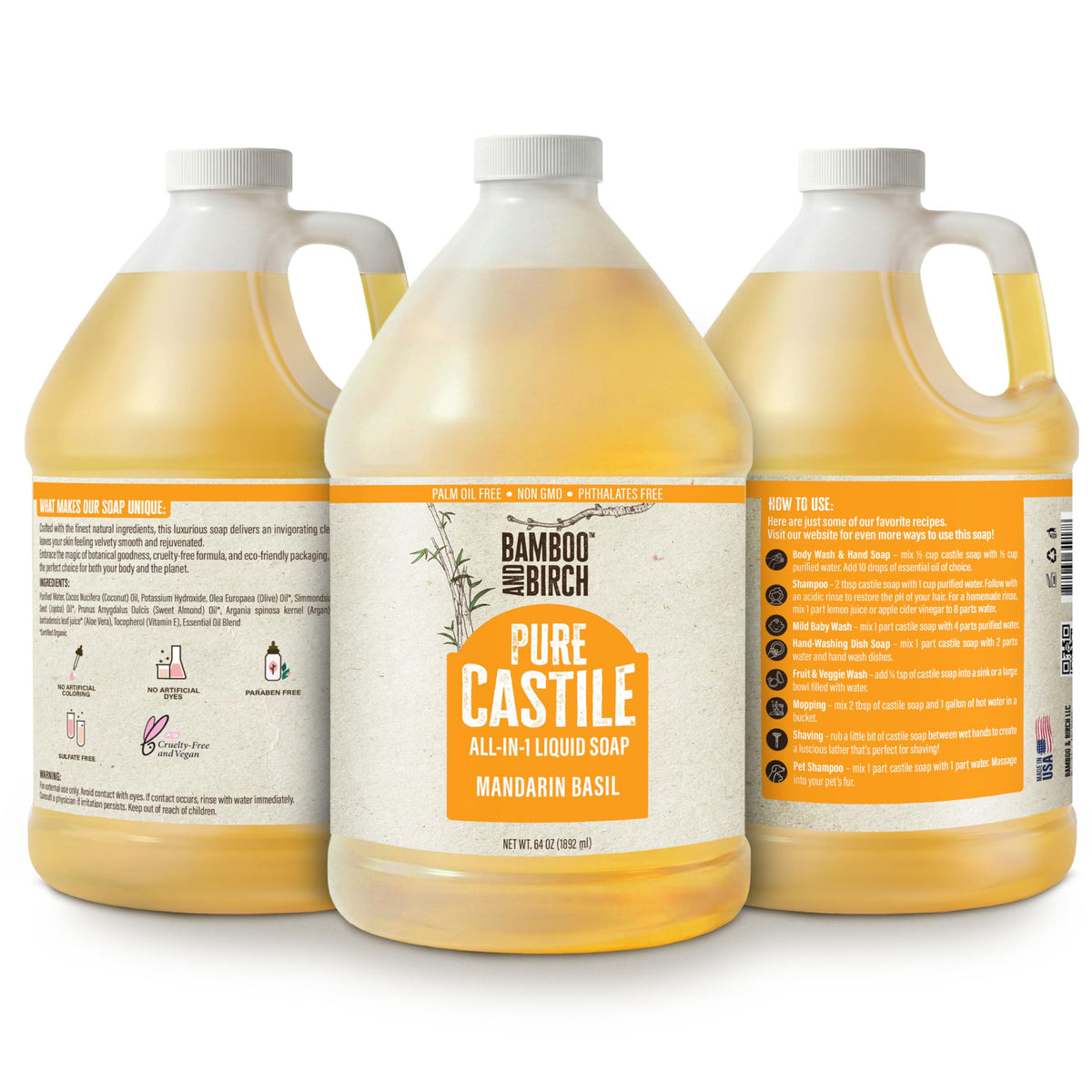 Bamboo and Birch Pure Castile Soap Liquid label highlights natural, palm oil free formula