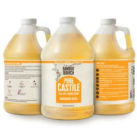 Bamboo and Birch Pure Castile Soap Liquid label highlights natural, palm oil free formula
