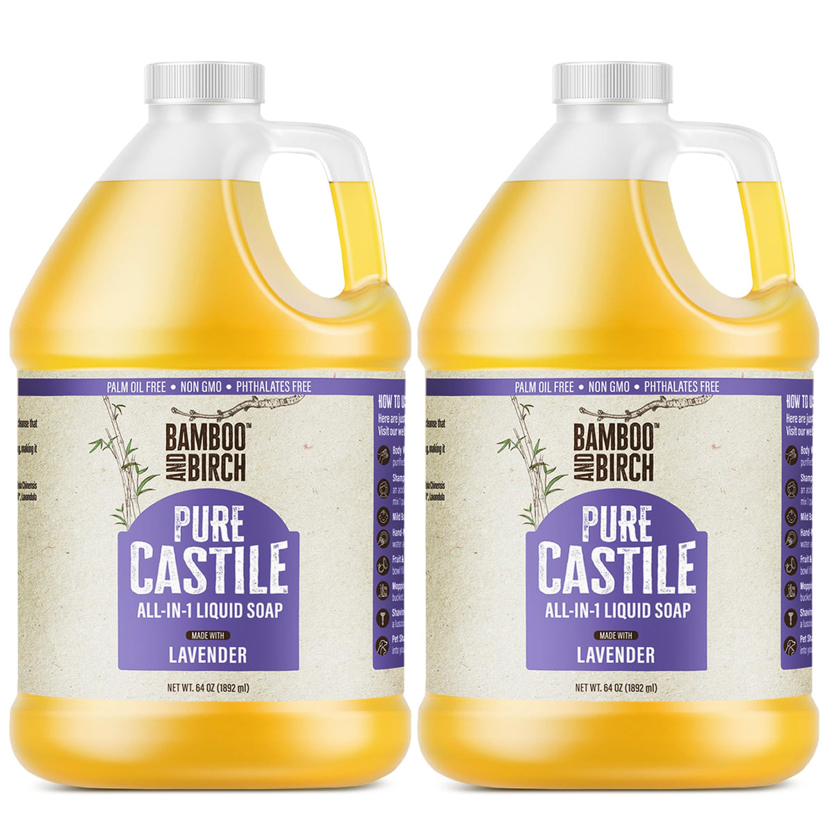 Bamboo and Birch lavender castile bottle shows gentle, versatile cleansing.