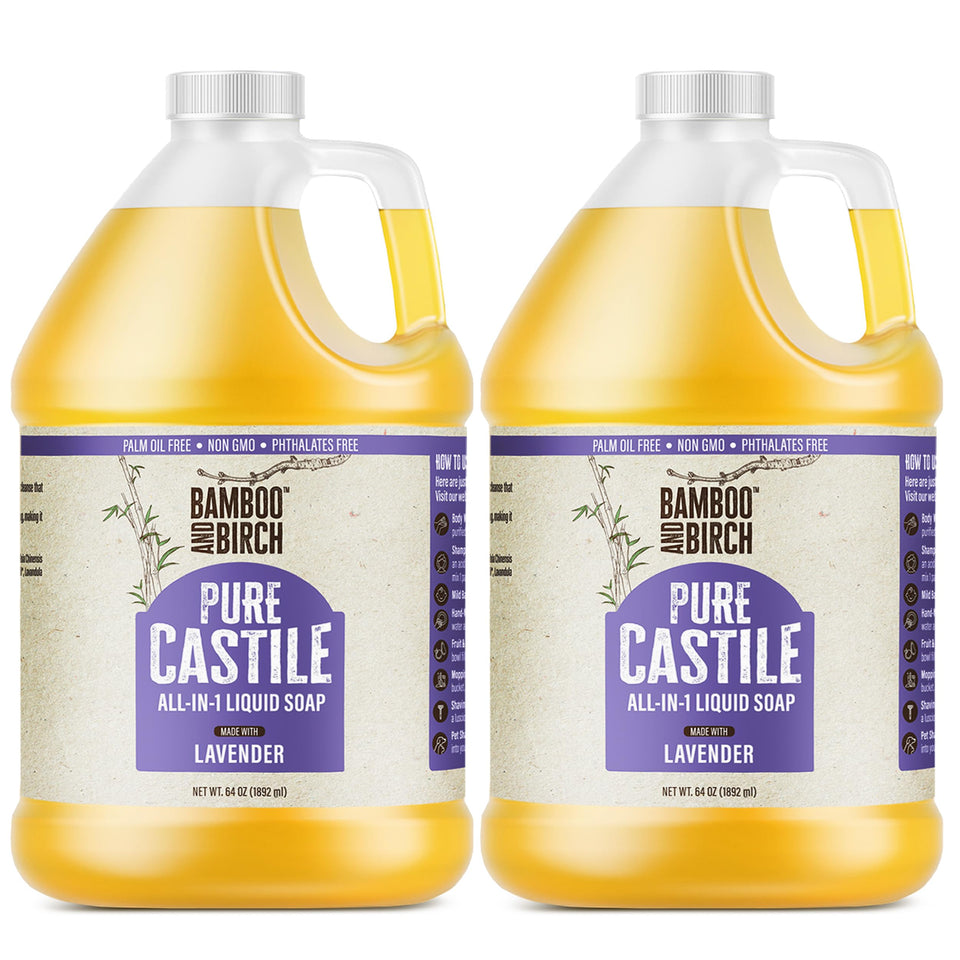 Bamboo and Birch lavender castile bottle shows gentle, versatile cleansing.