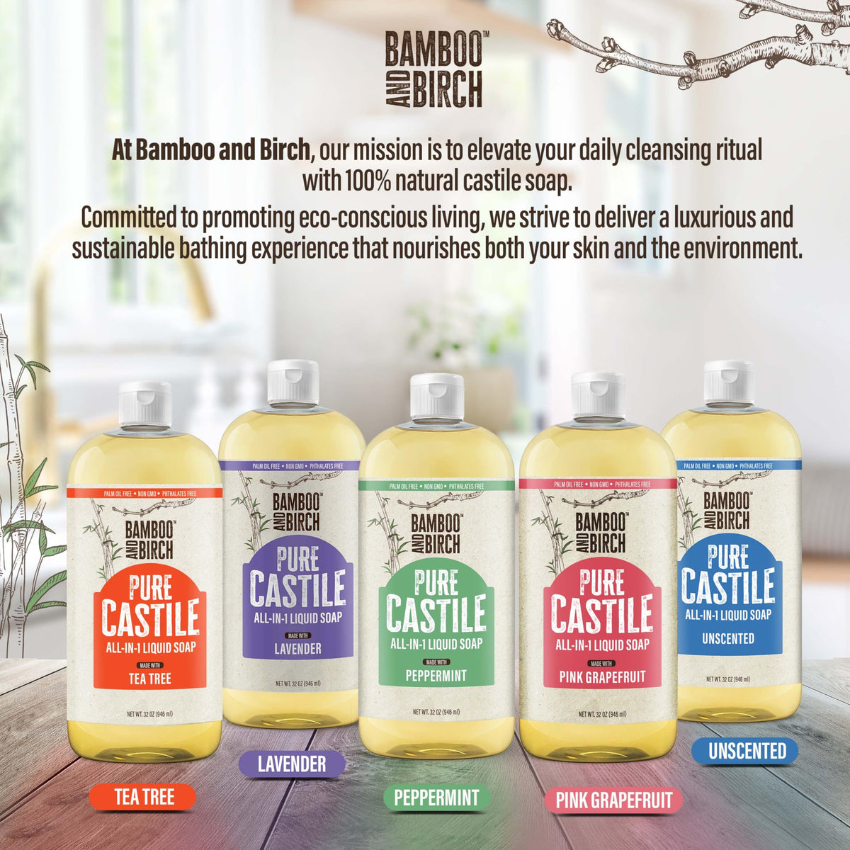Bamboo and Birch Pure Castile Soap Liquid multi-use for body and dishes.