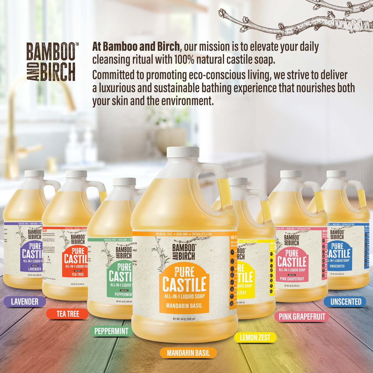 Bamboo and Birch Pure Castile Soap Liquid multi-use for body, face, dishes