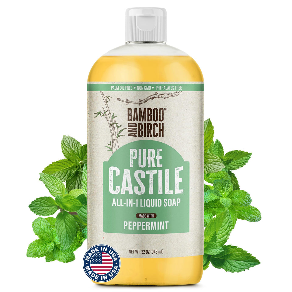 Bamboo and Birch Pure Castile Soap Liquid peppermint bottle for easy cleansing.