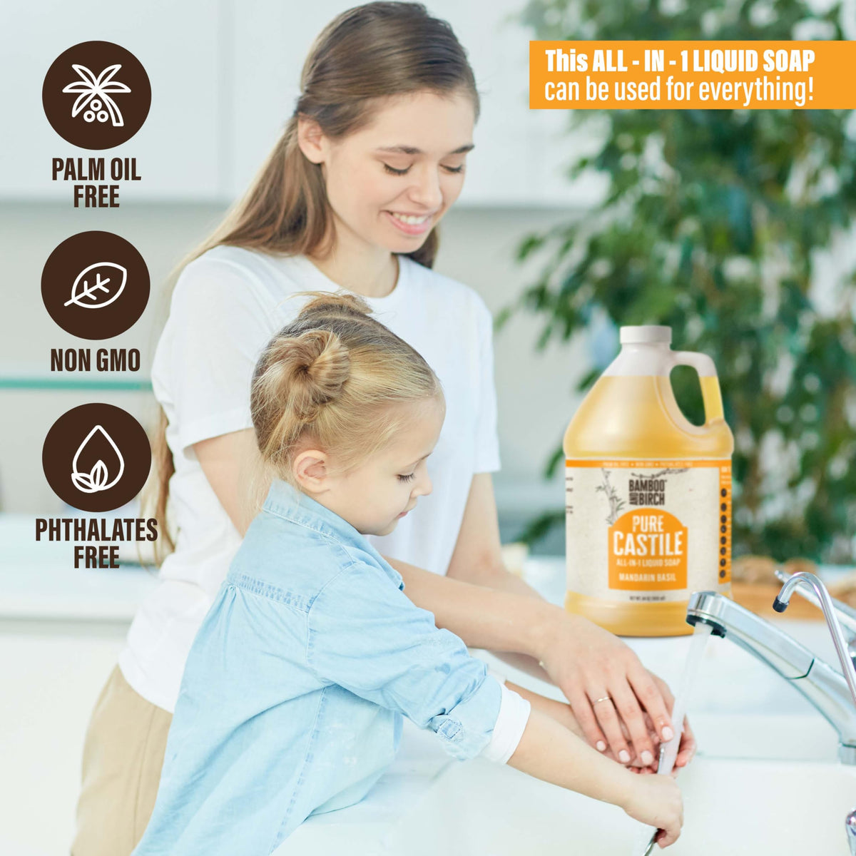 Bamboo and Birch Pure Castile Soap Liquid pour shows versatile home use