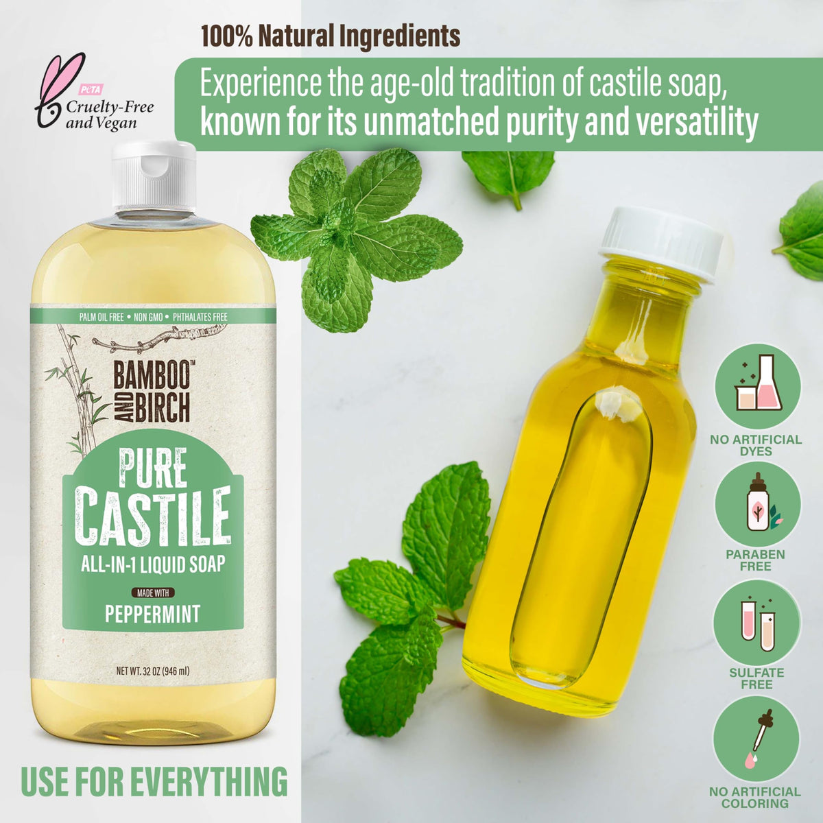 Bamboo and Birch Pure Castile Soap Liquid refill bottle supports eco-friendly care.
